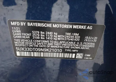 2022 BMW X4 xDrive30I z USA, uszkodzony, nr VIN 5UX33DT09N9K21010